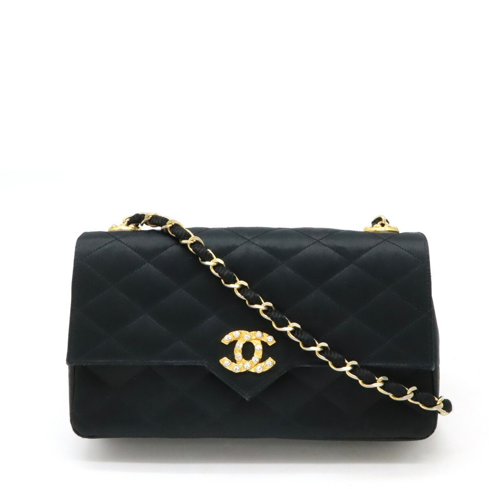 Chanel Satin Rhinestone Shoulder Bag Leather Black